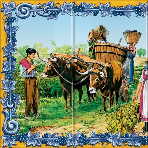 Painel de azulejos com cena de vindima