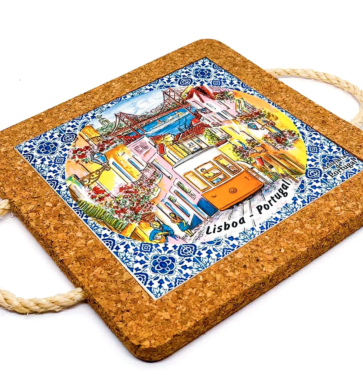 Base de cortiça com azulejo decorado com vista de Lisboa